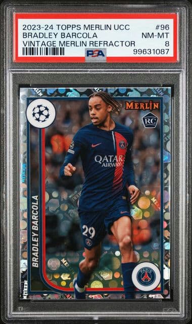 2023-24 TOPPS MERLIN BRADLEY BARCOLA 96 VINTAGE MERLIN REFRACTOR PSA NM-MT 8