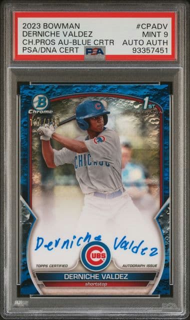 2023 BOWMAN CHROME PROSPECT AUTOGRAPHS DERNICHE VALDEZ CPADV BLUE PSA 9 /150