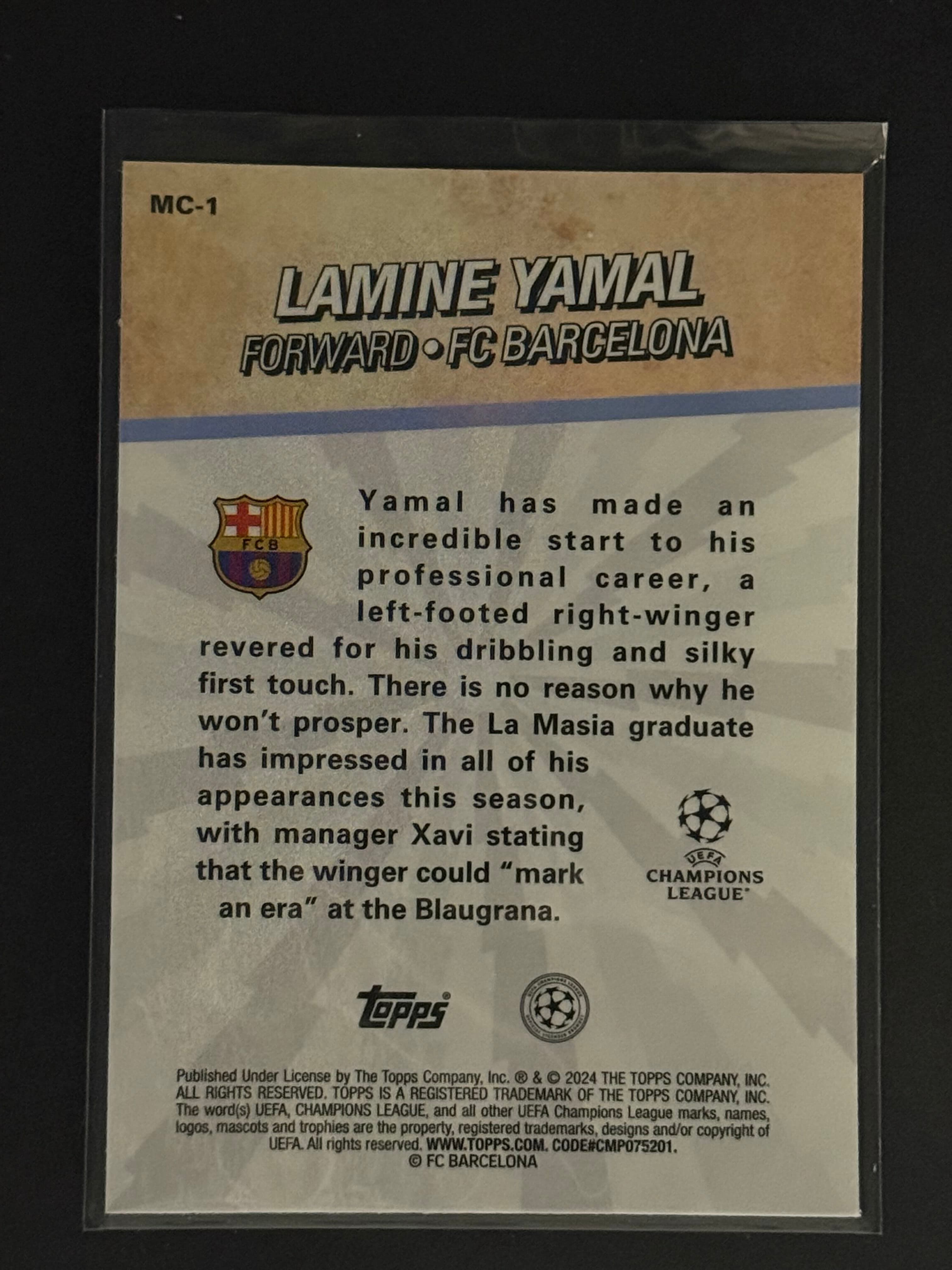 Lamine Yamal 2023-24 Topps Merlin Merlin's Chosen Ones MC-1 Rookie back